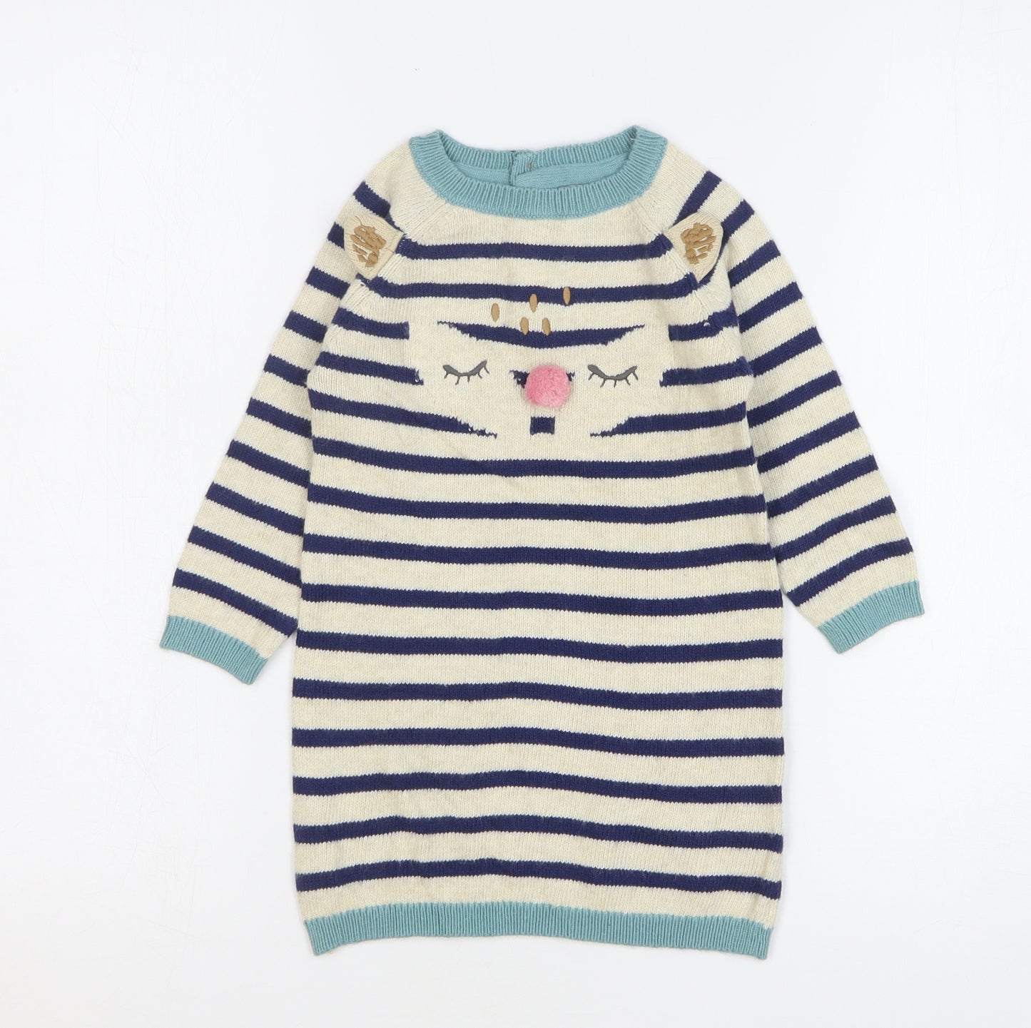 Marks and Spencer Girls Multicoloured Striped Cotton Jumper Dress Size 12-18 Months Round Neck Button - Animal Face