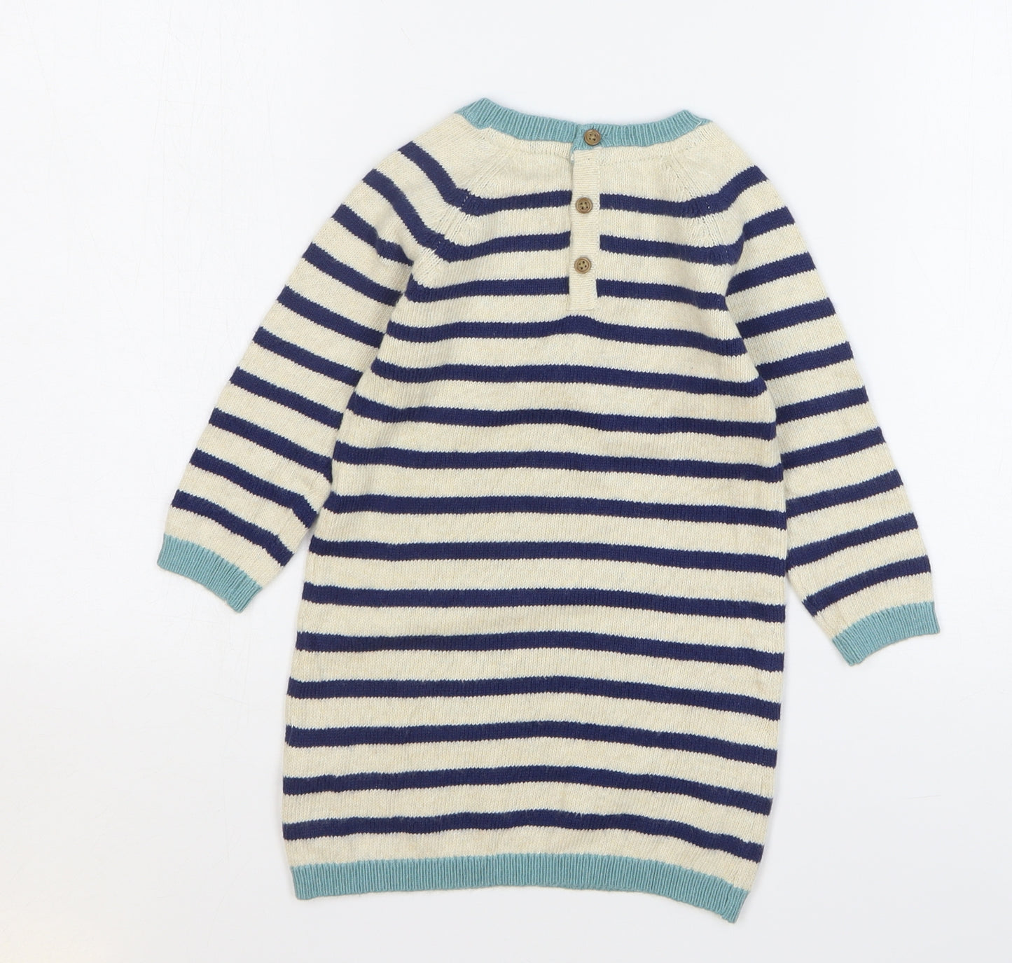 Marks and Spencer Girls Multicoloured Striped Cotton Jumper Dress Size 12-18 Months Round Neck Button - Animal Face