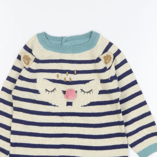 Marks and Spencer Girls Multicoloured Striped Cotton Jumper Dress Size 12-18 Months Round Neck Button - Animal Face