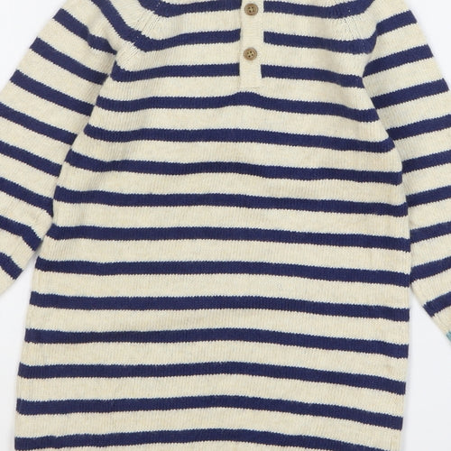 Marks and Spencer Girls Multicoloured Striped Cotton Jumper Dress Size 12-18 Months Round Neck Button - Animal Face