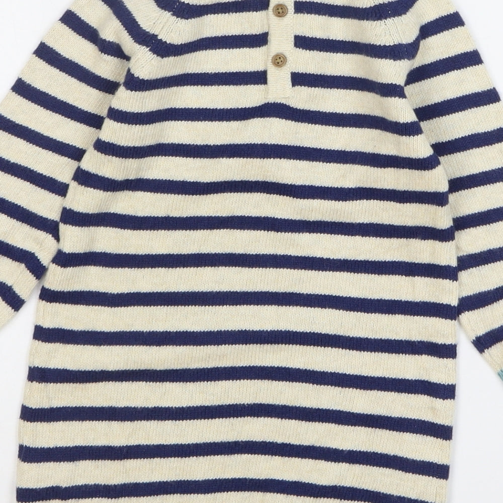 Marks and Spencer Girls Multicoloured Striped Cotton Jumper Dress Size 12-18 Months Round Neck Button - Animal Face