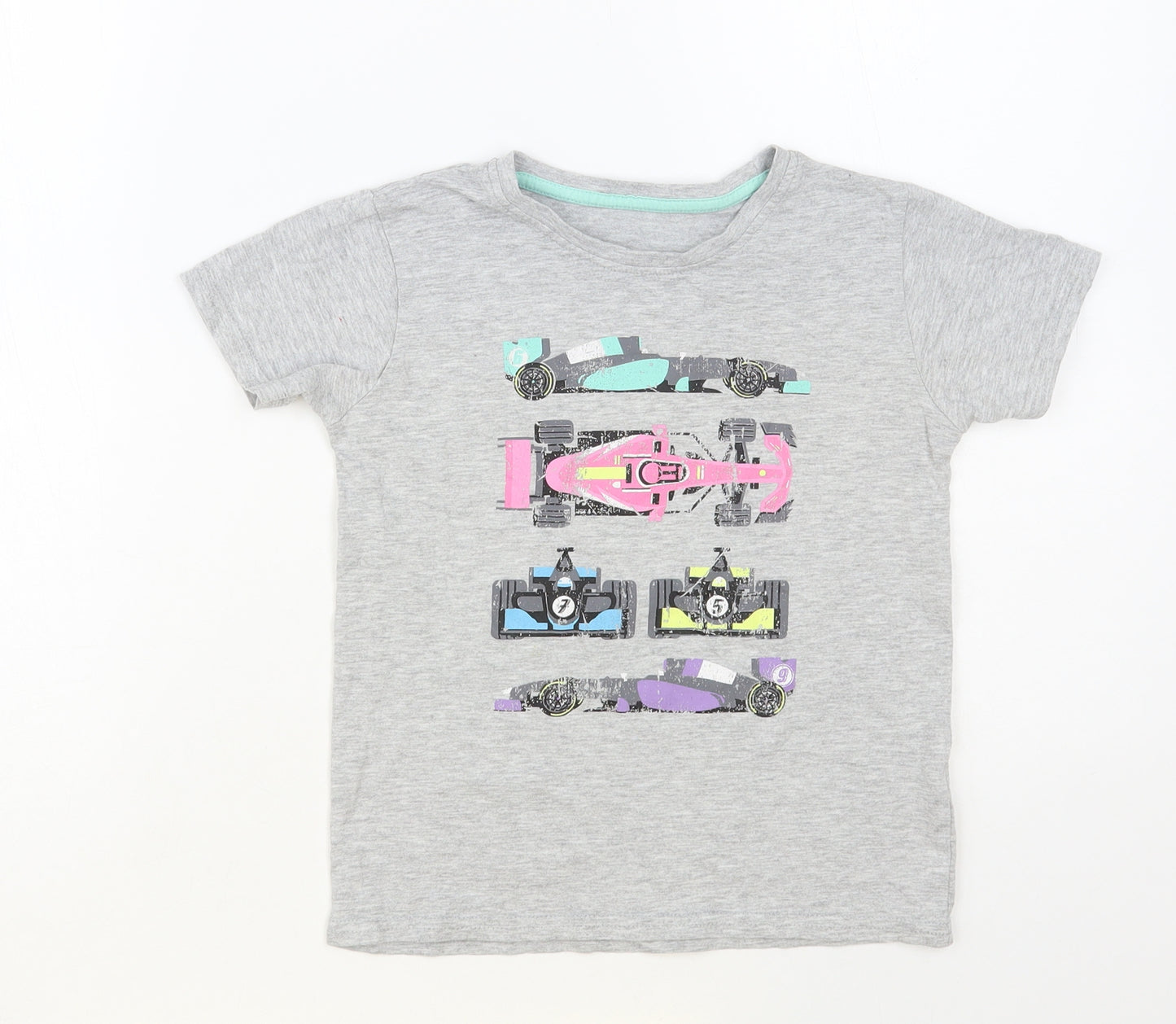 Dunnes Stores Boys Grey Cotton Pullover T-Shirt Size 7 Years Crew Neck Pullover - Race Cars