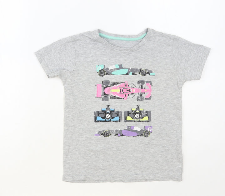 Dunnes Stores Boys Grey Cotton Pullover T-Shirt Size 7 Years Crew Neck Pullover - Race Cars
