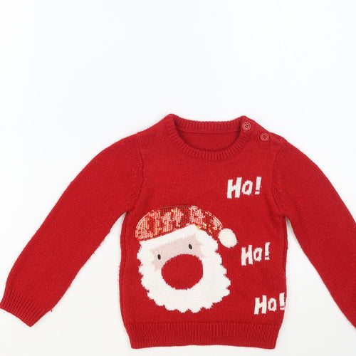Dunnes Stores Girls Red Crew Neck Acrylic Pullover Jumper Size 2-3 Years Button - Santa Jumper