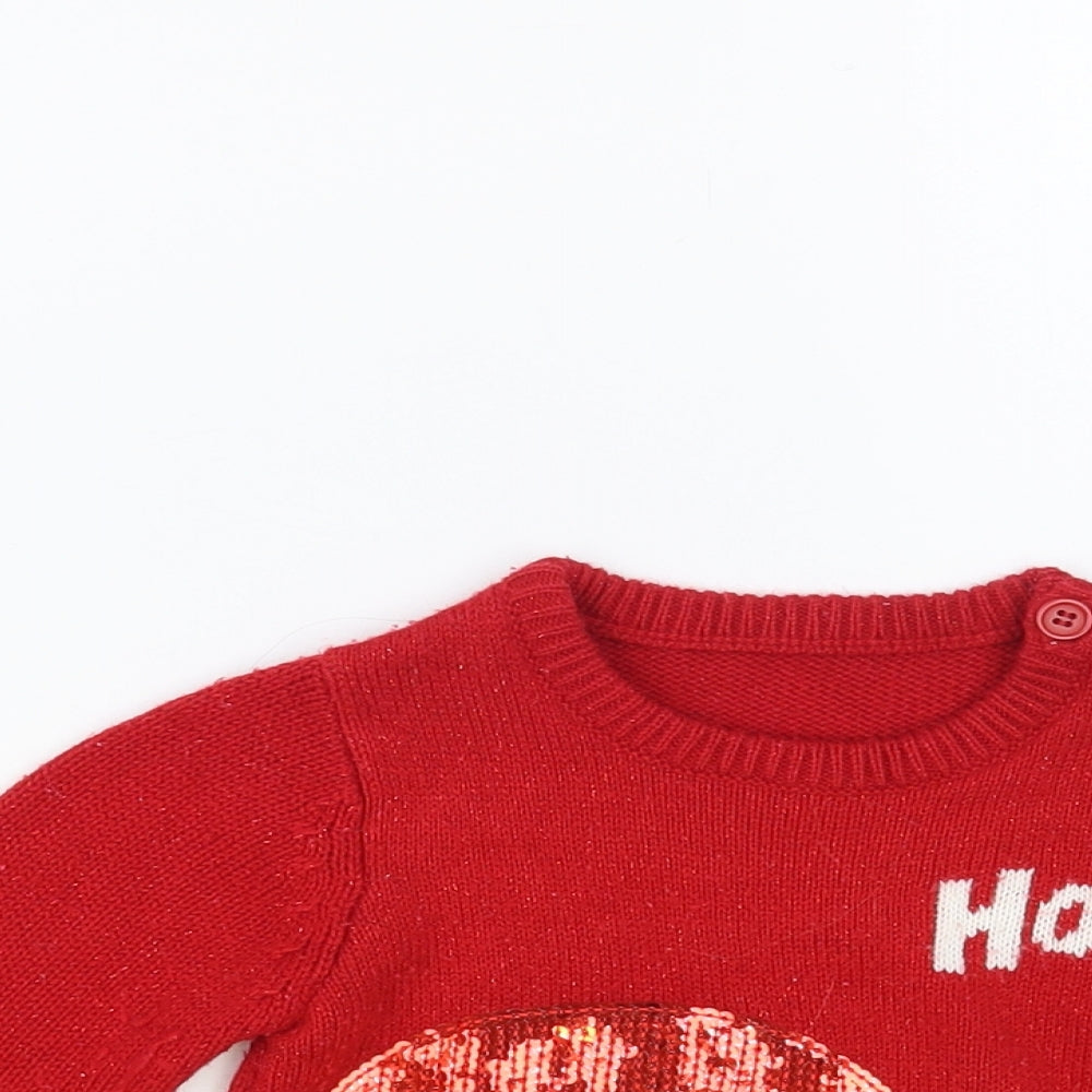 Dunnes Stores Girls Red Crew Neck Acrylic Pullover Jumper Size 2-3 Years Button - Santa Jumper