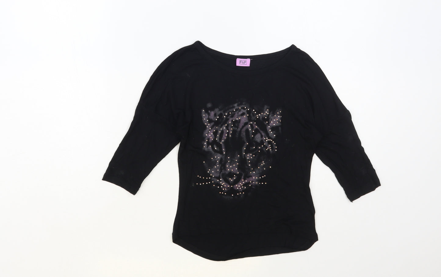 F&F Girls Beige Viscose Pullover T-Shirt Size 5-6 Years Round Neck Pullover - Wild Cat