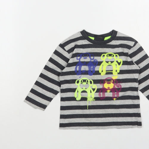 NEXT Baby Grey Striped Cotton Pullover T-Shirt Size 9-12 Months Crew Neck Pullover - Monkeys