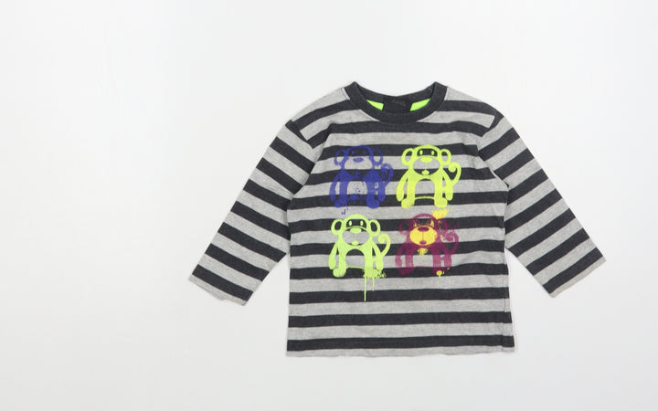 NEXT Baby Grey Striped Cotton Pullover T-Shirt Size 9-12 Months Crew Neck Pullover - Monkeys