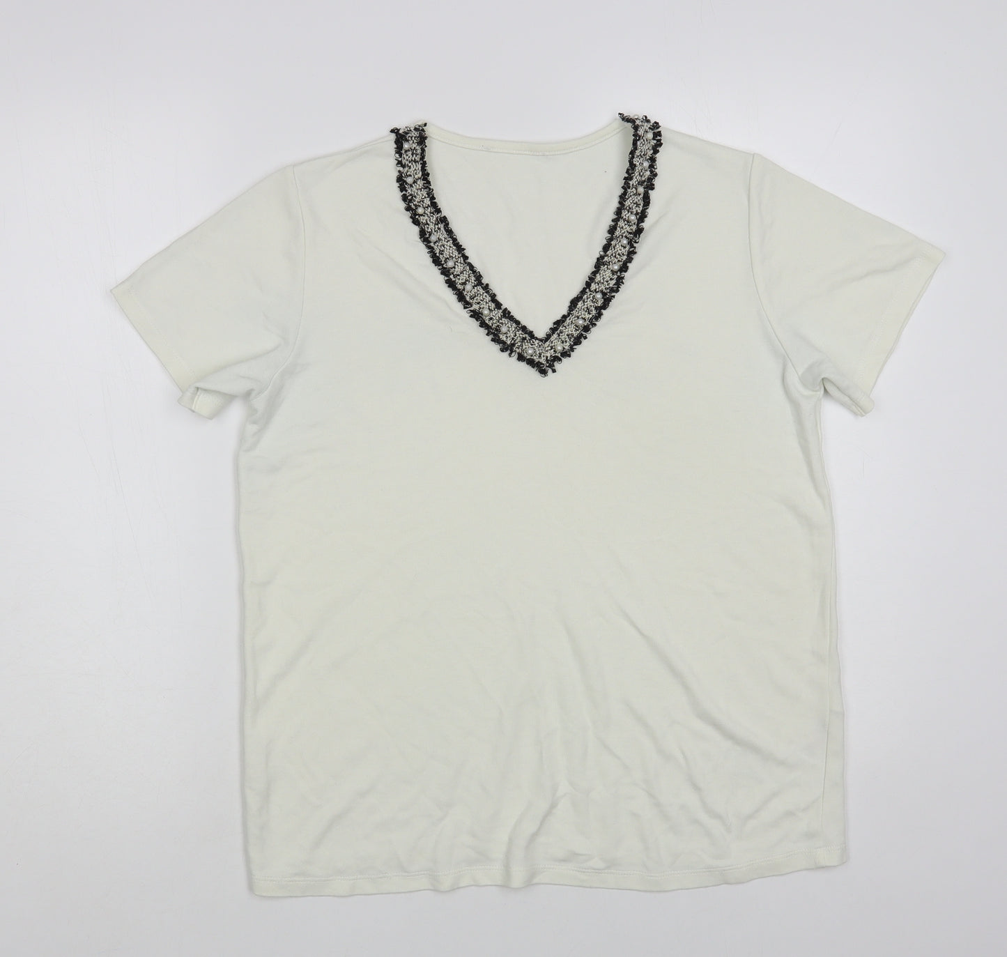 Gallery Womens White Viscose Basic T-Shirt Size S V-Neck - Embellished Neckline