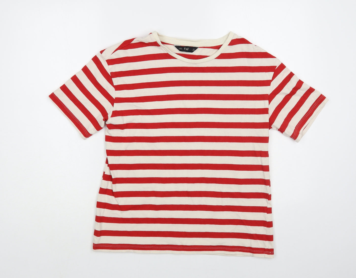 F&F Womens Red Striped Cotton Basic T-Shirt Size 10 Round Neck