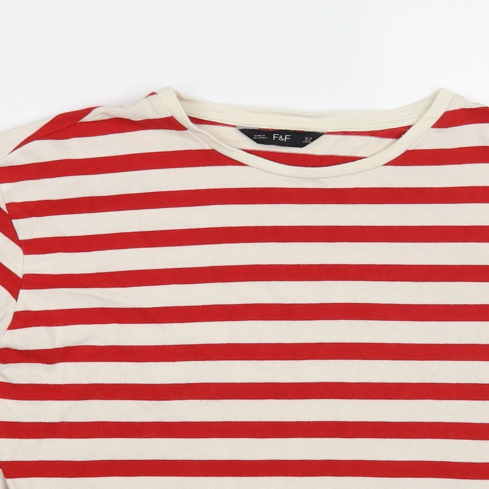 F&F Womens Red Striped Cotton Basic T-Shirt Size 10 Round Neck