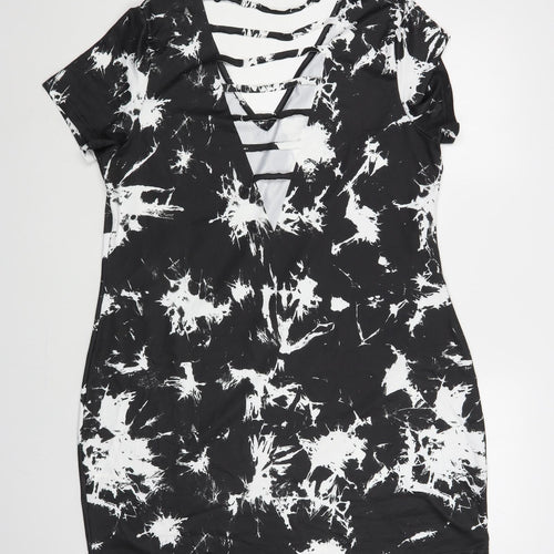 SheIn Womens Black Geometric Polyester T-Shirt Dress Size XL V-Neck Pullover