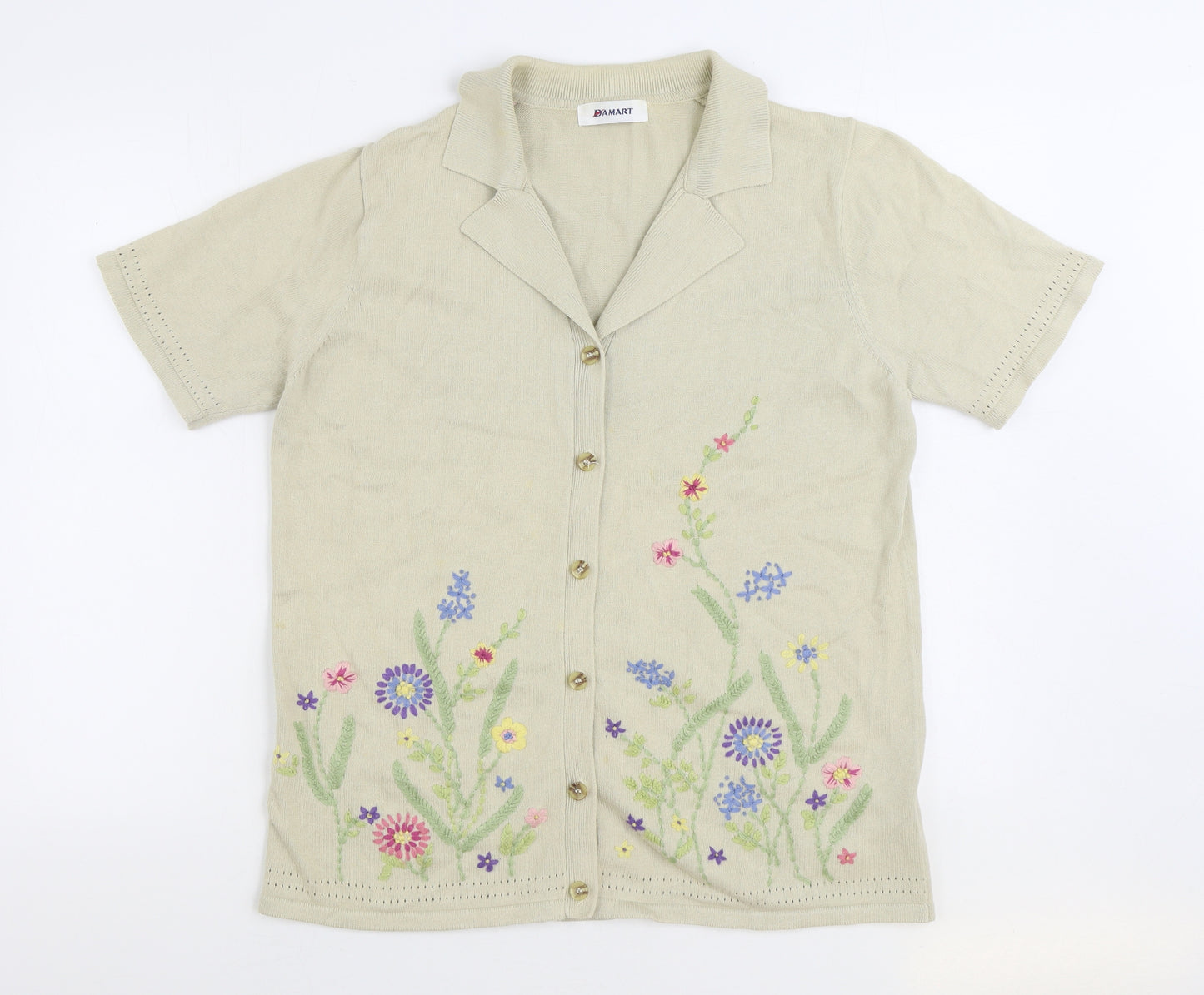 Damart Womens Beige V-Neck Floral 100% Cotton Cardigan Jumper Size M