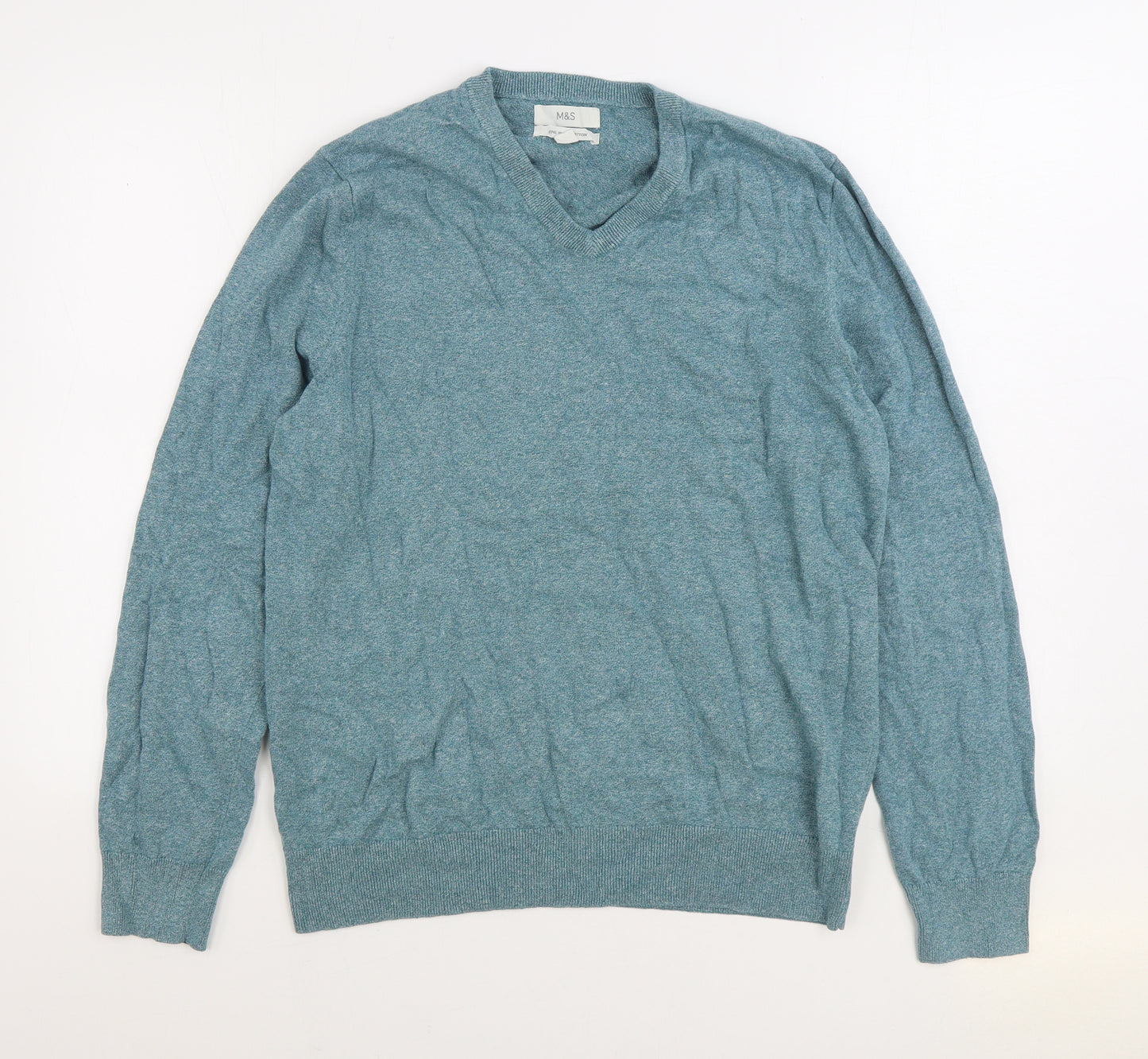 Marks and Spencer Mens Blue V-Neck Cotton Pullover Jumper Size L