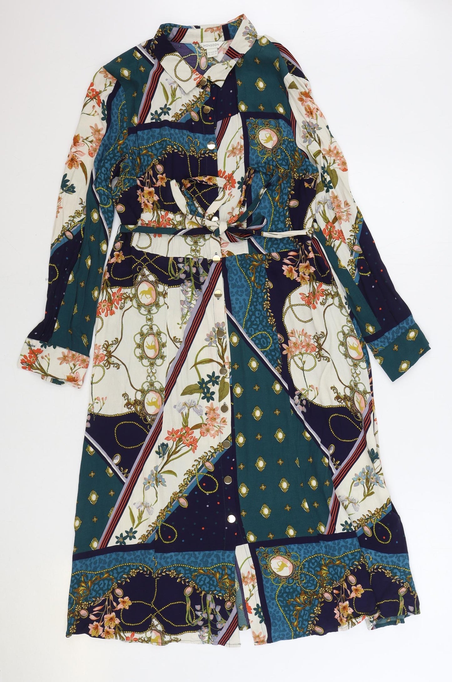 Monsoon Womens Multicoloured Geometric Viscose Shirt Dress Size 14 Collared Button