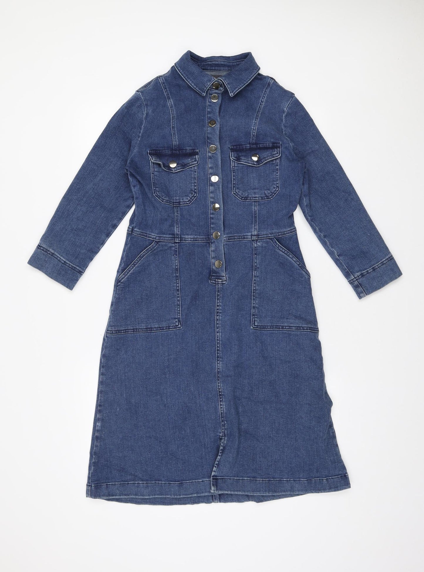 Sosandar Womens Blue Cotton A-Line Size 10 Collared Button