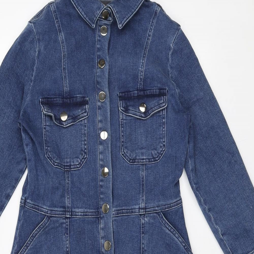 Sosandar Womens Blue Cotton A-Line Size 10 Collared Button
