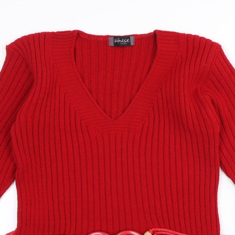 Impulse Womens Red V-Neck Acrylic Pullover Jumper Size S