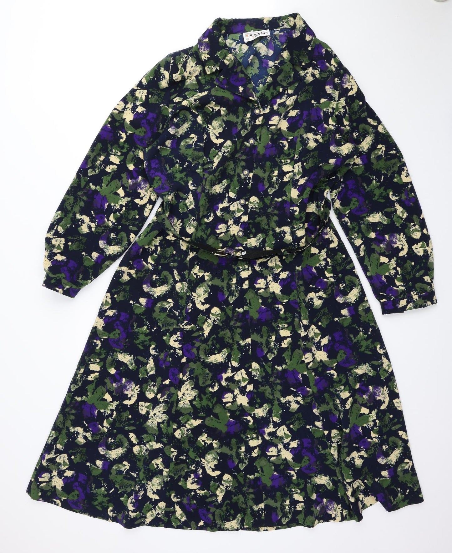 Richard Stump Womens Black Floral Polyester A-Line Size 18 Collared