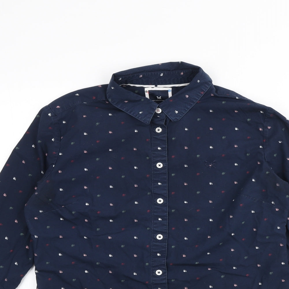 Crew Clothing Womens Blue Geometric Cotton Basic Button-Up Size 10 Collared