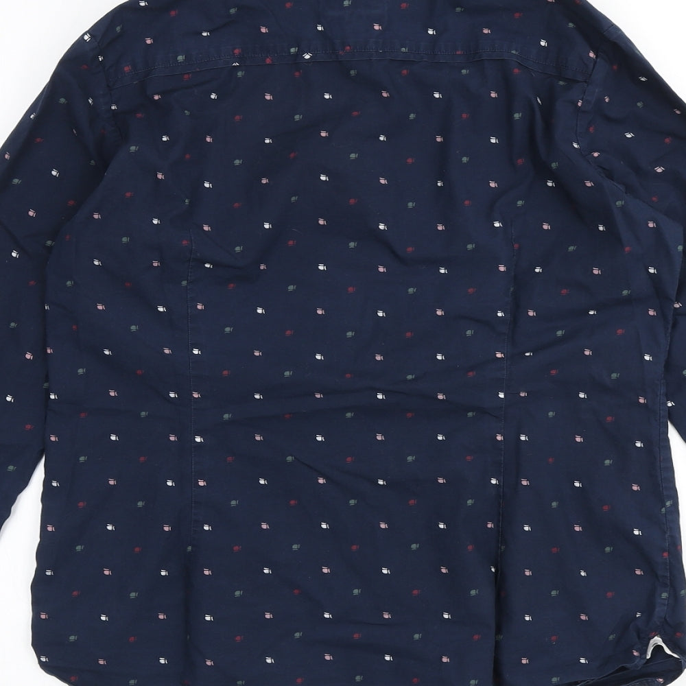 Crew Clothing Womens Blue Geometric Cotton Basic Button-Up Size 10 Collared