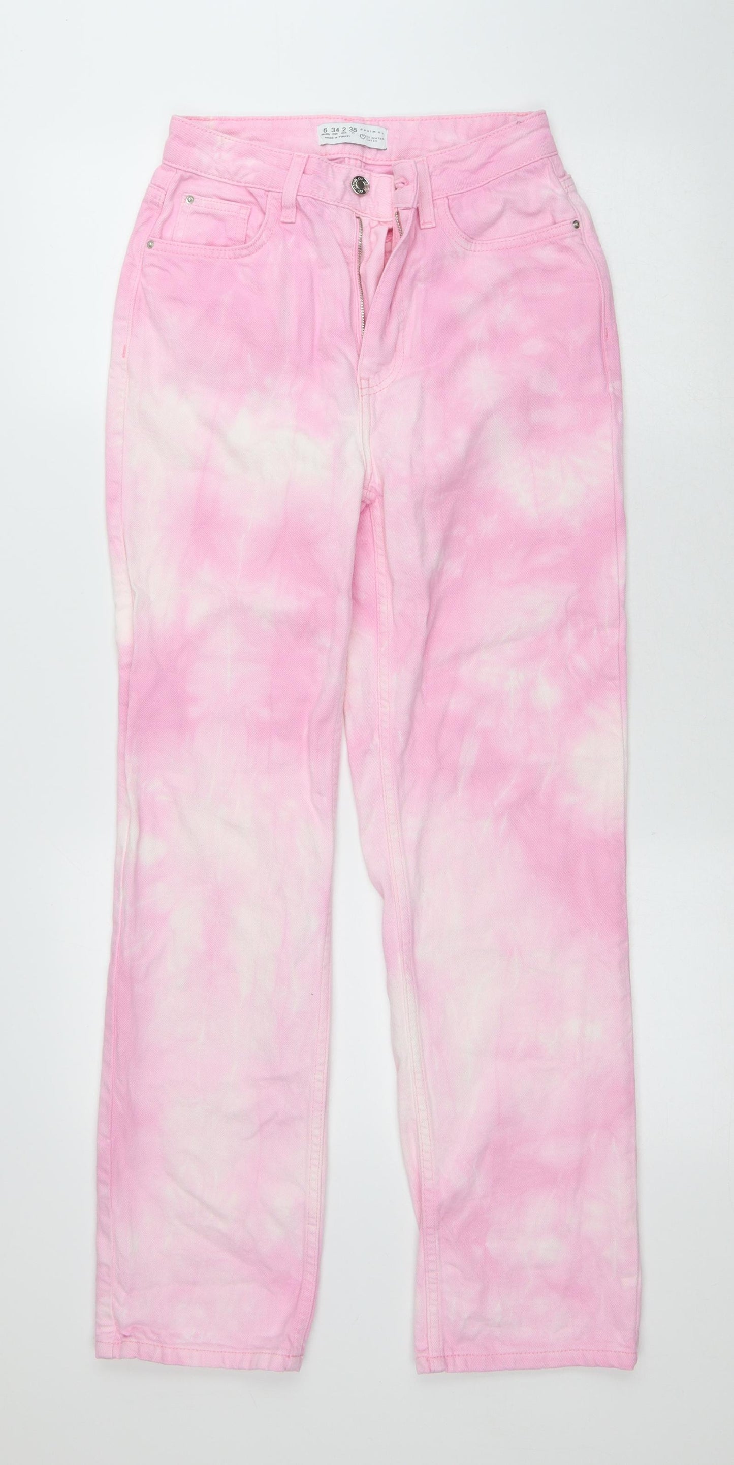 Primark Womens Pink Cotton Wide-Leg Jeans Size 6 L28 in Regular Button - Tie Dye