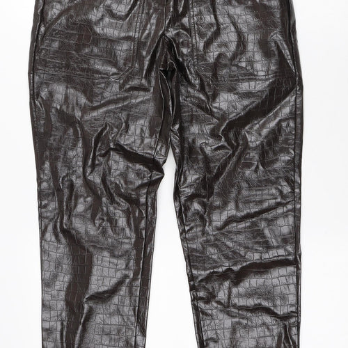 NEXT Womens Brown Animal Print Viscose Trousers Size 6 L26 in Regular Button - Faux Leather