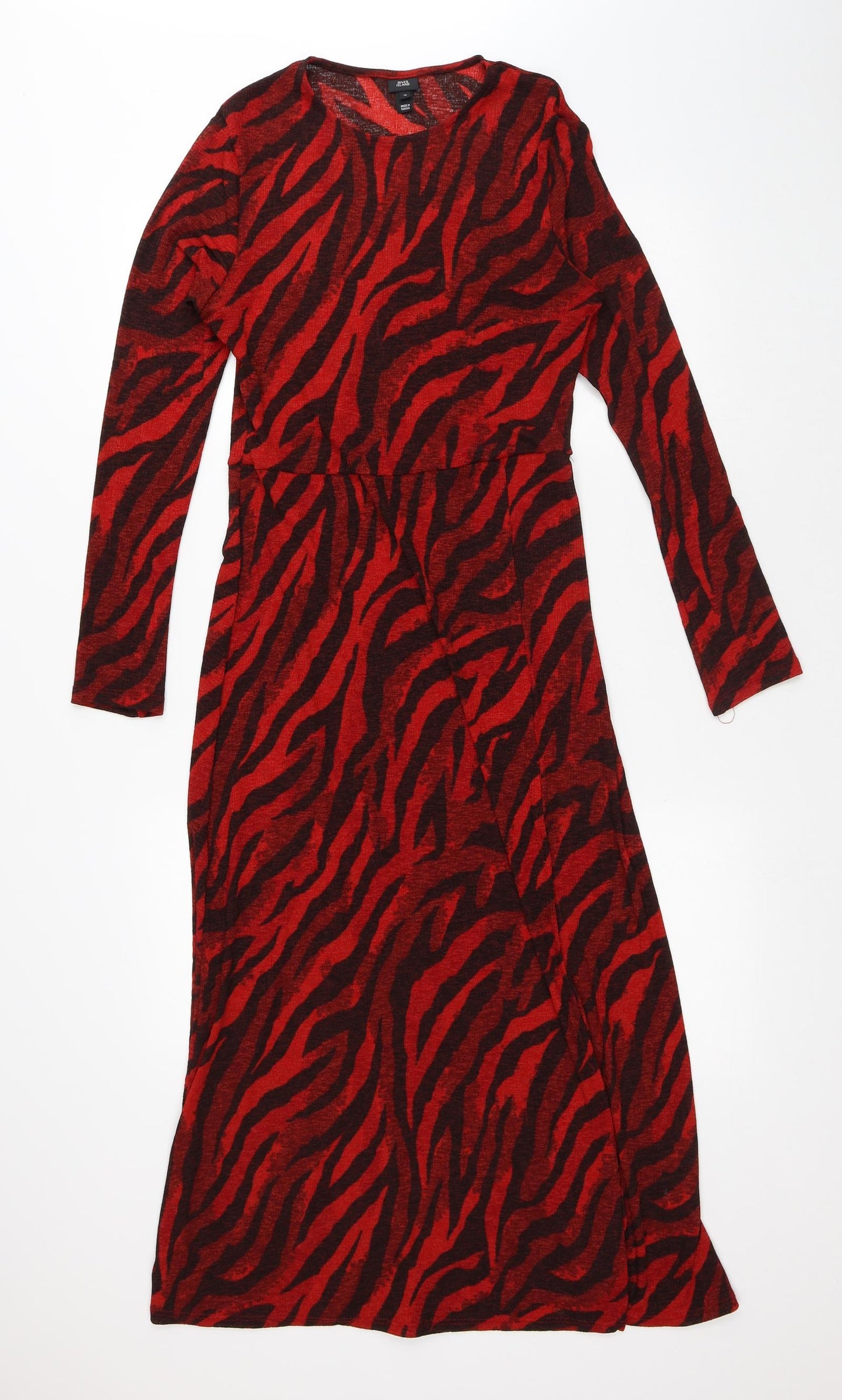 River Island Womens Red Animal Print Polyester A-Line Size 12 Round Neck - Tiger Print