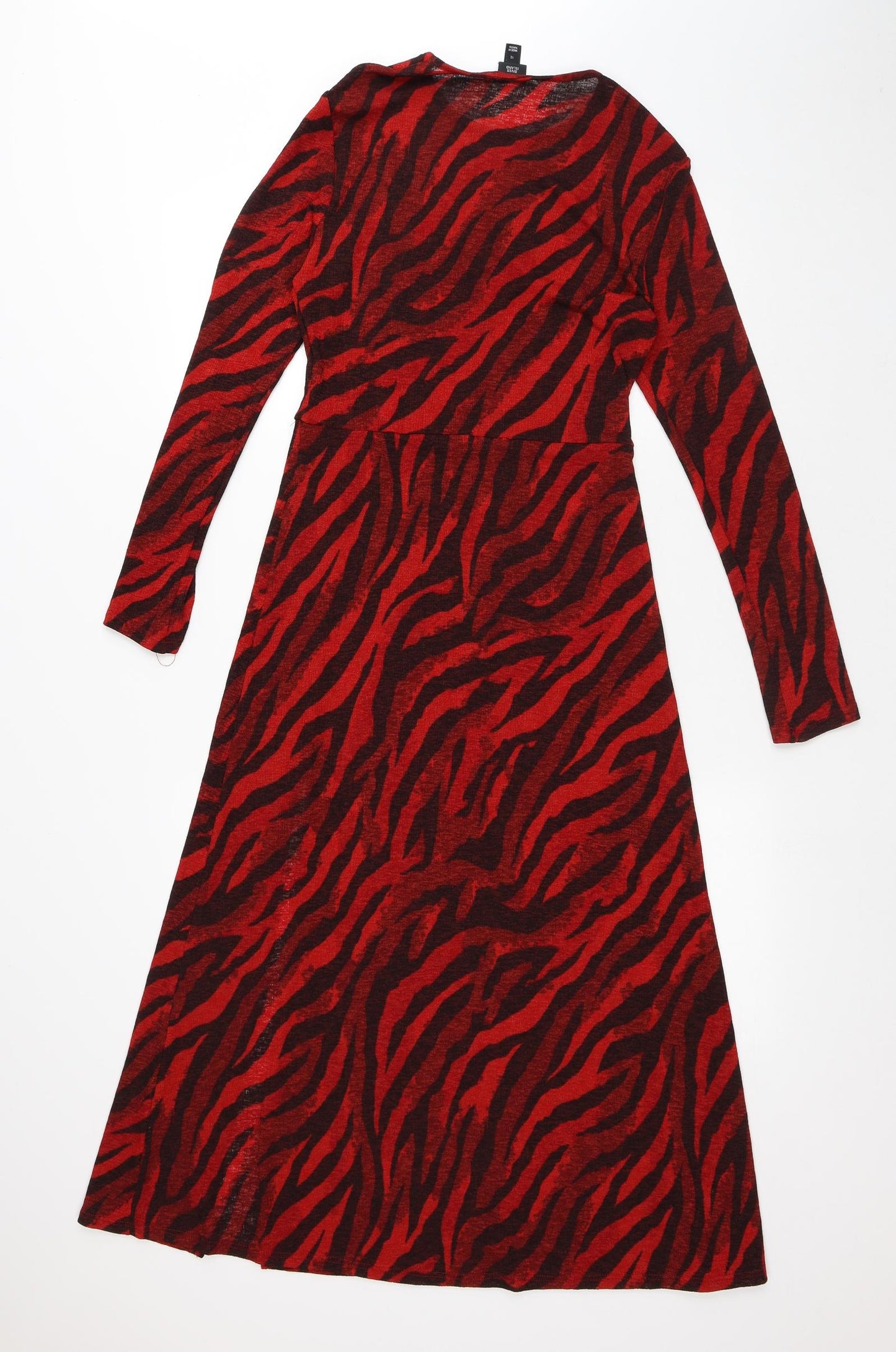 River Island Womens Red Animal Print Polyester A-Line Size 12 Round Neck - Tiger Print