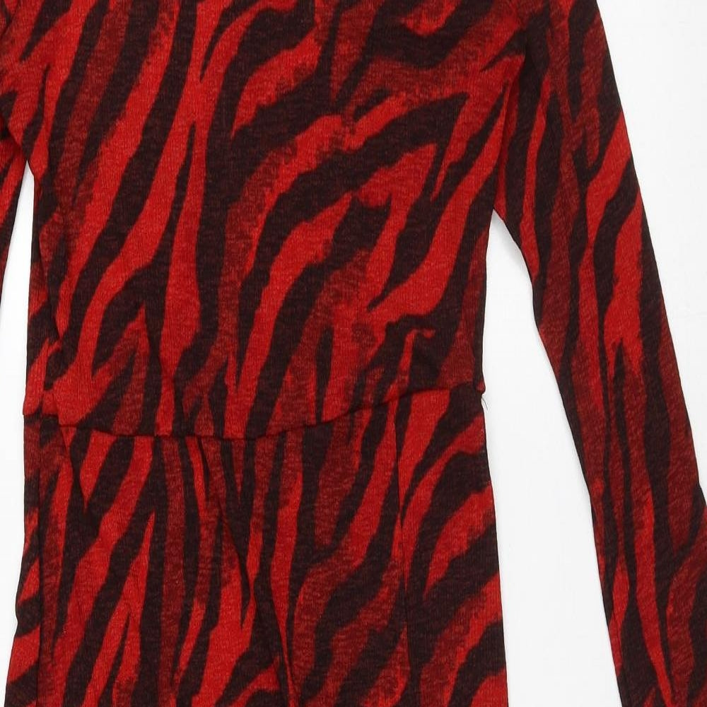 River Island Womens Red Animal Print Polyester A-Line Size 12 Round Neck - Tiger Print