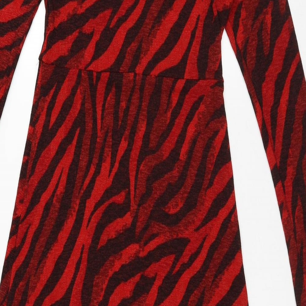 River Island Womens Red Animal Print Polyester A-Line Size 12 Round Neck - Tiger Print