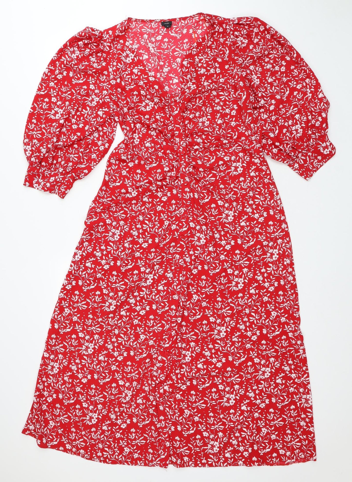 River Island Womens Red Floral Polyester A-Line Size 14 V-Neck Button - Flowers