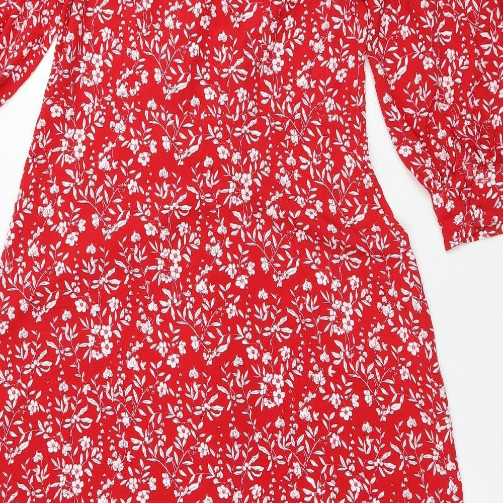 River Island Womens Red Floral Polyester A-Line Size 14 V-Neck Button - Flowers