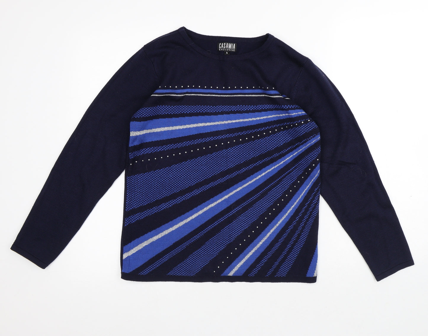 Casamia Womens Black Round Neck Striped Acrylic Pullover Jumper Size S
