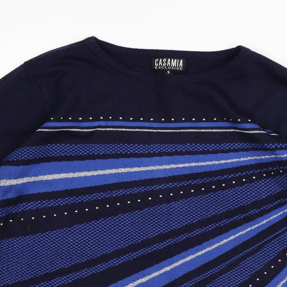 Casamia Womens Black Round Neck Striped Acrylic Pullover Jumper Size S