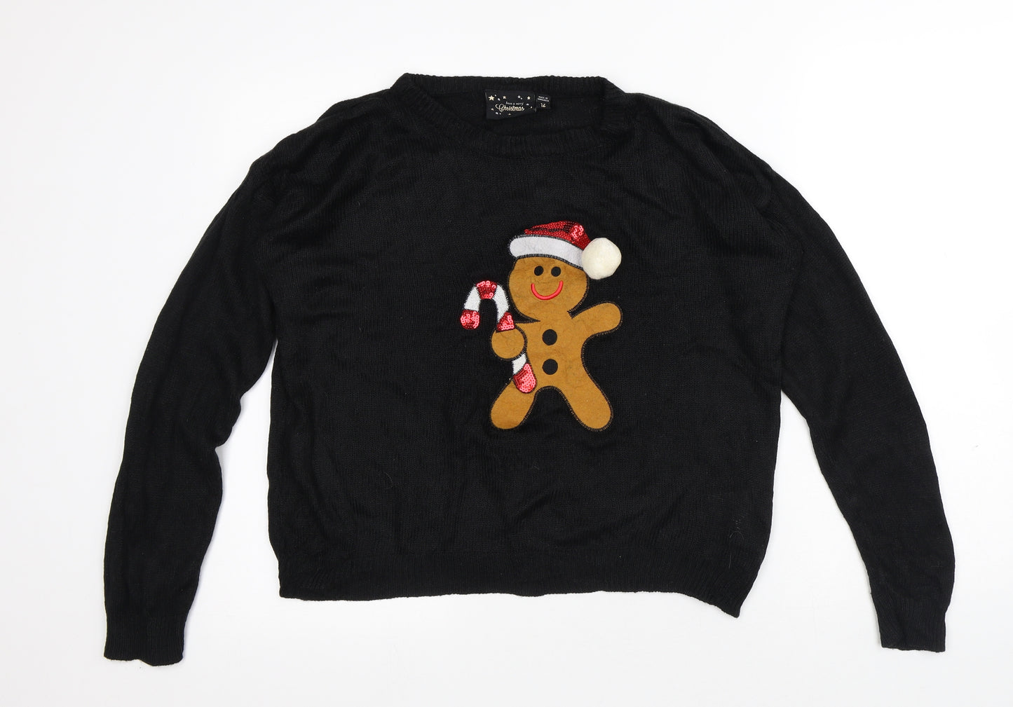 Brave Soul Womens Black Round Neck Acrylic Pullover Jumper Size 12 - Gingerbread Man