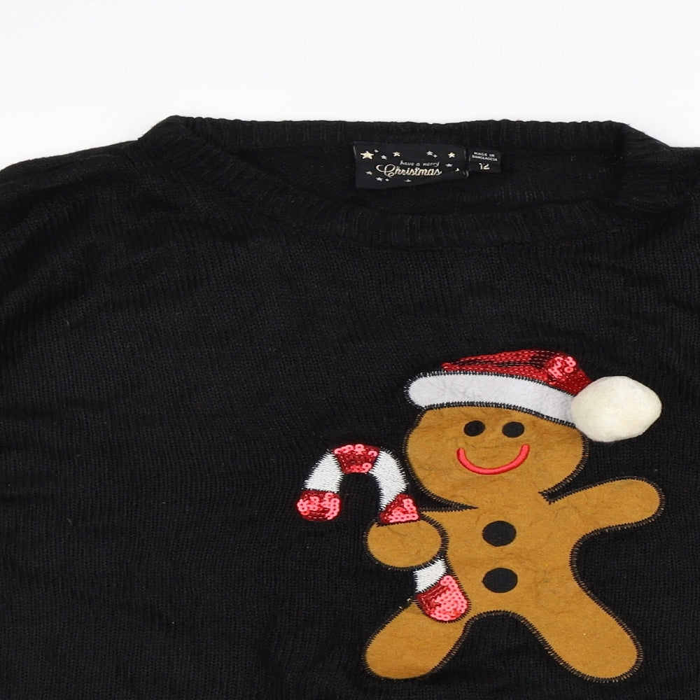 Brave Soul Womens Black Round Neck Acrylic Pullover Jumper Size 12 - Gingerbread Man