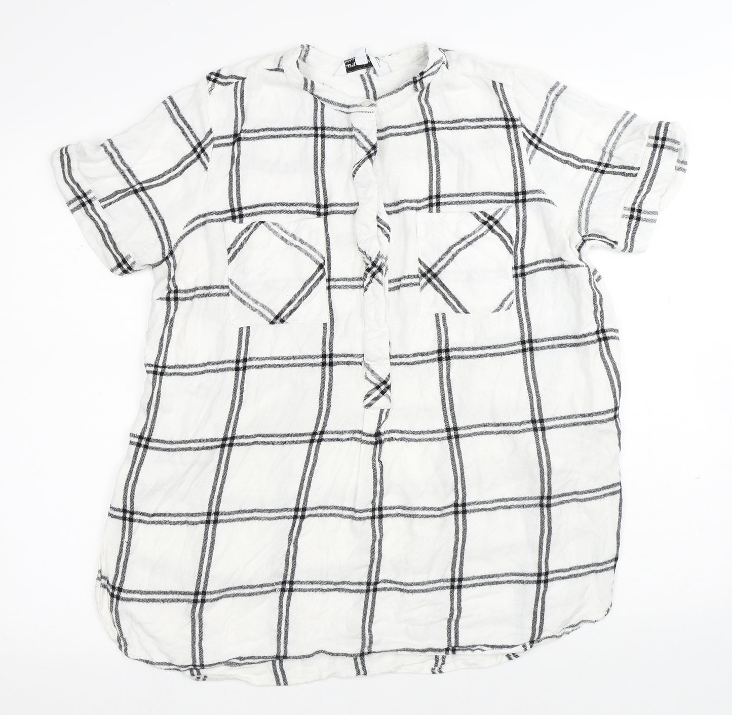 Capsule Womens White Plaid Viscose Basic Button-Up Size M Round Neck
