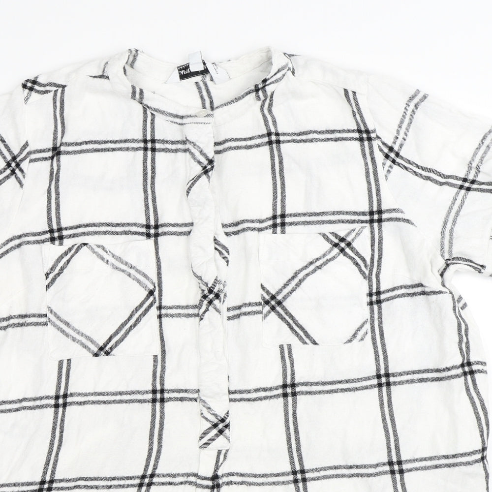 Capsule Womens White Plaid Viscose Basic Button-Up Size M Round Neck