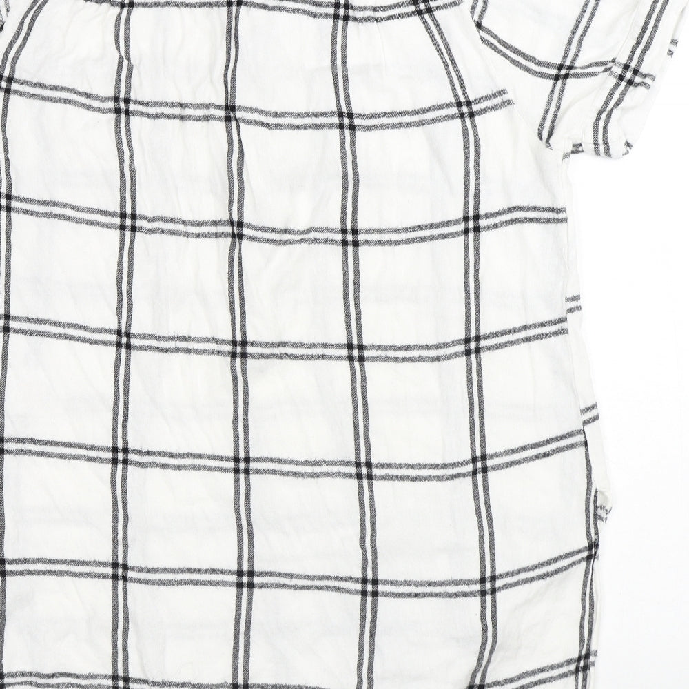 Capsule Womens White Plaid Viscose Basic Button-Up Size M Round Neck