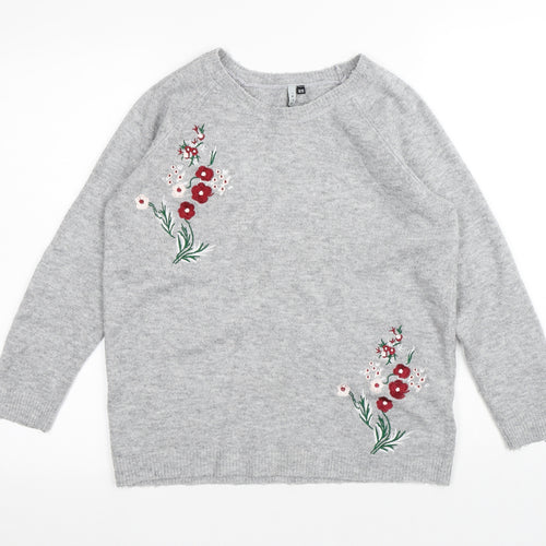 Intuition Womens Grey Round Neck Floral Acrylic Pullover Jumper Size 10 - Flowers