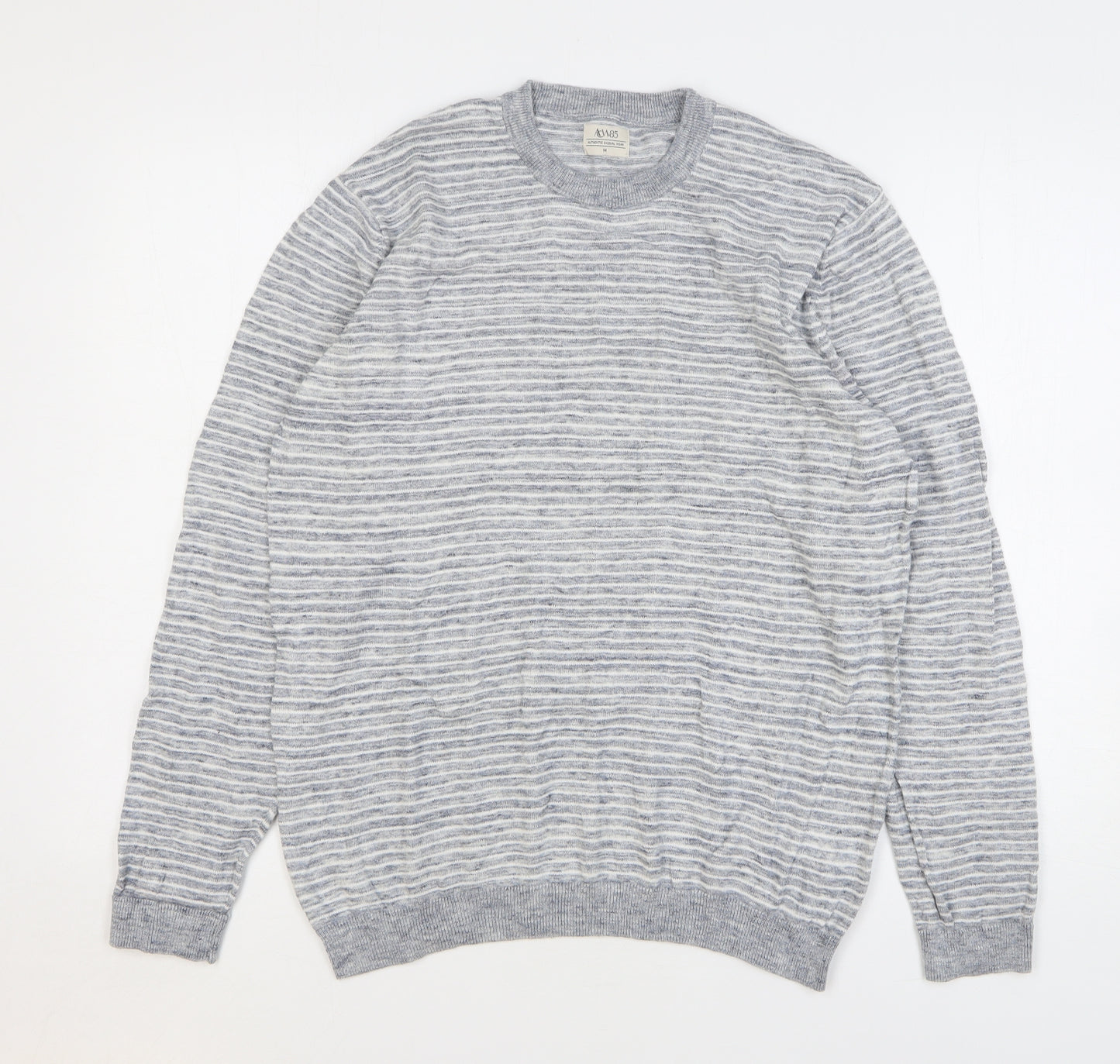 ACW85 Mens Grey Round Neck Striped Cotton Pullover Jumper Size M
