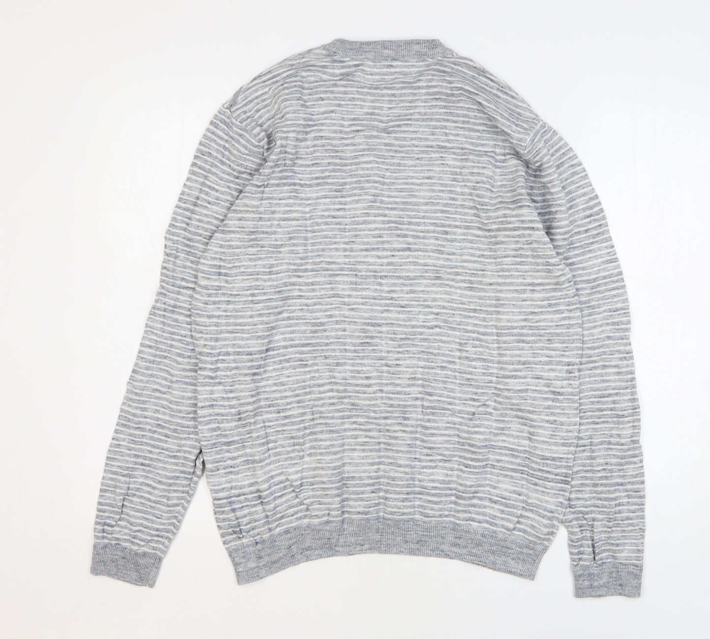 ACW85 Mens Grey Round Neck Striped Cotton Pullover Jumper Size M