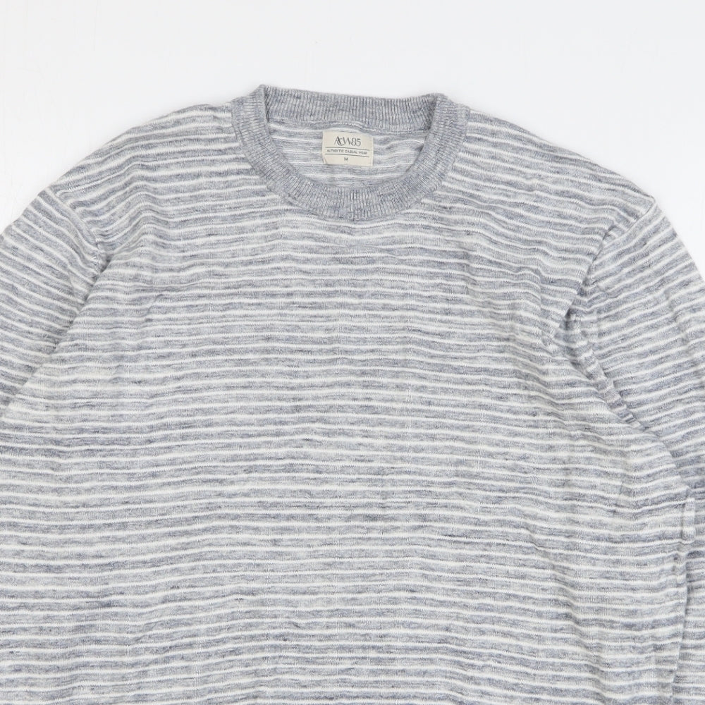 ACW85 Mens Grey Round Neck Striped Cotton Pullover Jumper Size M
