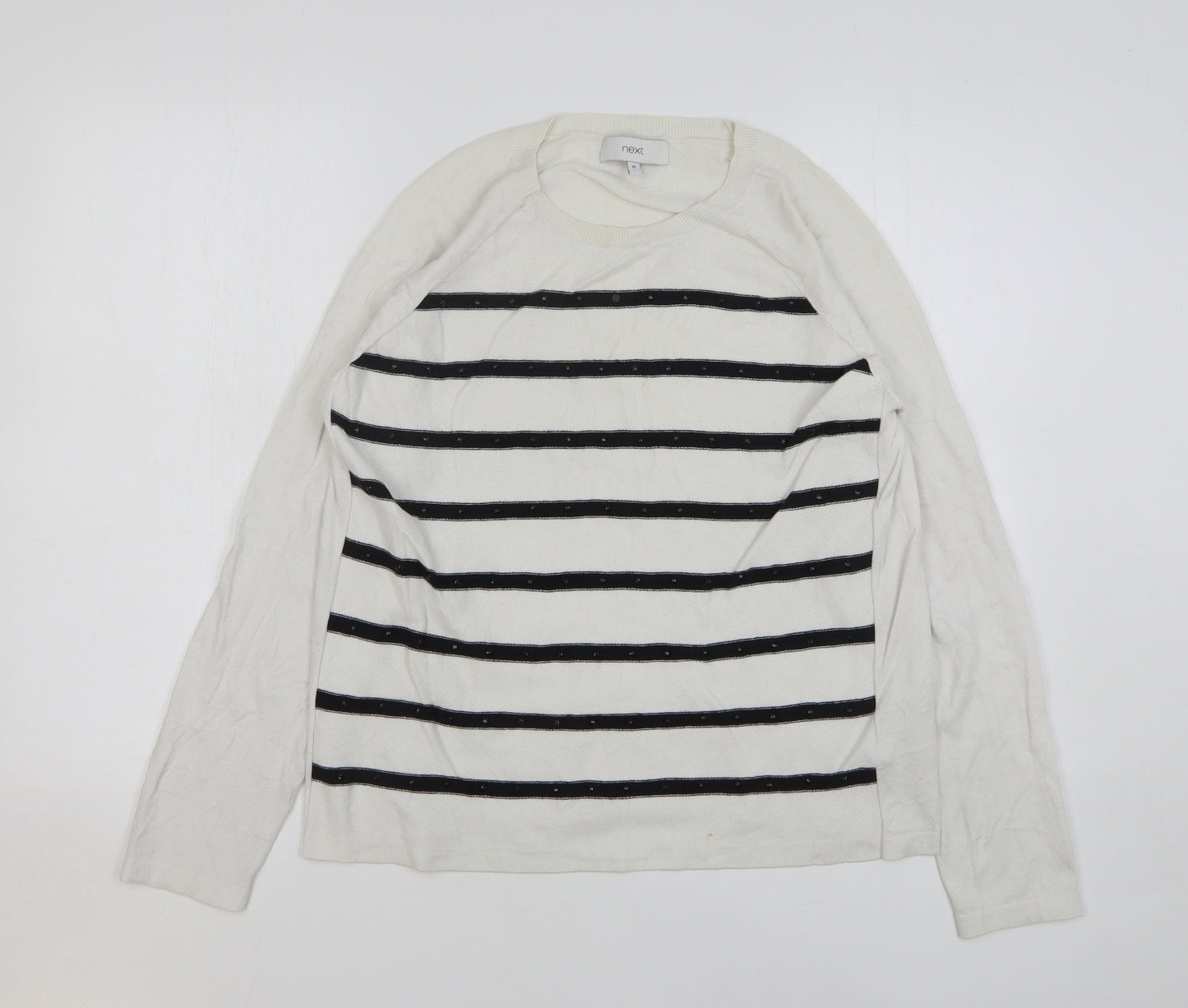 NEXT Womens White Round Neck Striped Cotton Pullover Jumper Size 16