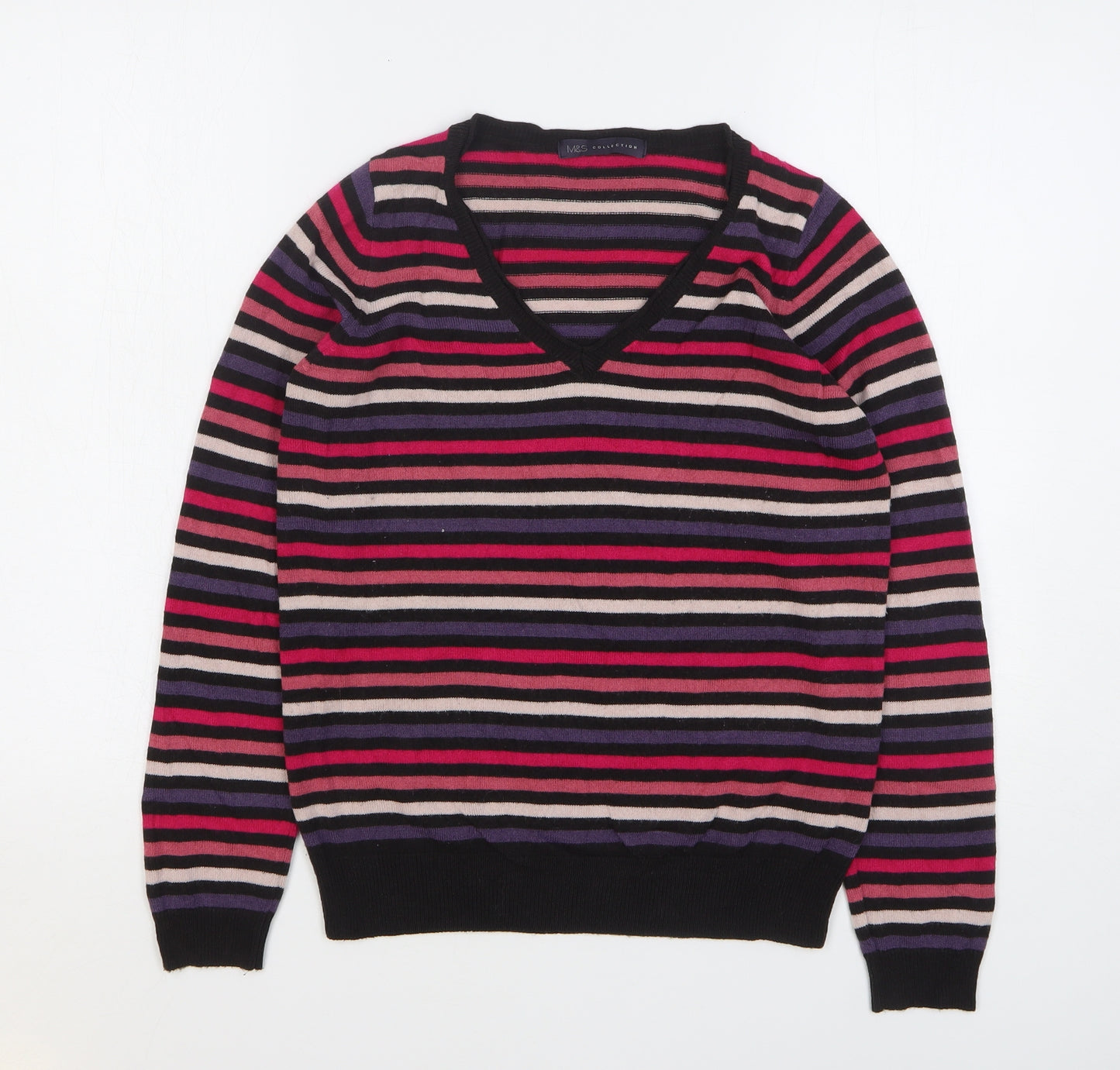 Marks and Spencer Womens Multicoloured V-Neck Striped Acrylic Pullover Jumper Size 10