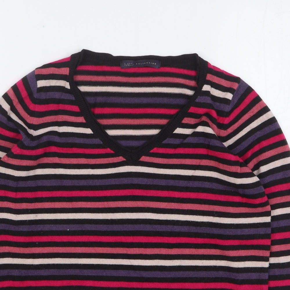Marks and Spencer Womens Multicoloured V-Neck Striped Acrylic Pullover Jumper Size 10