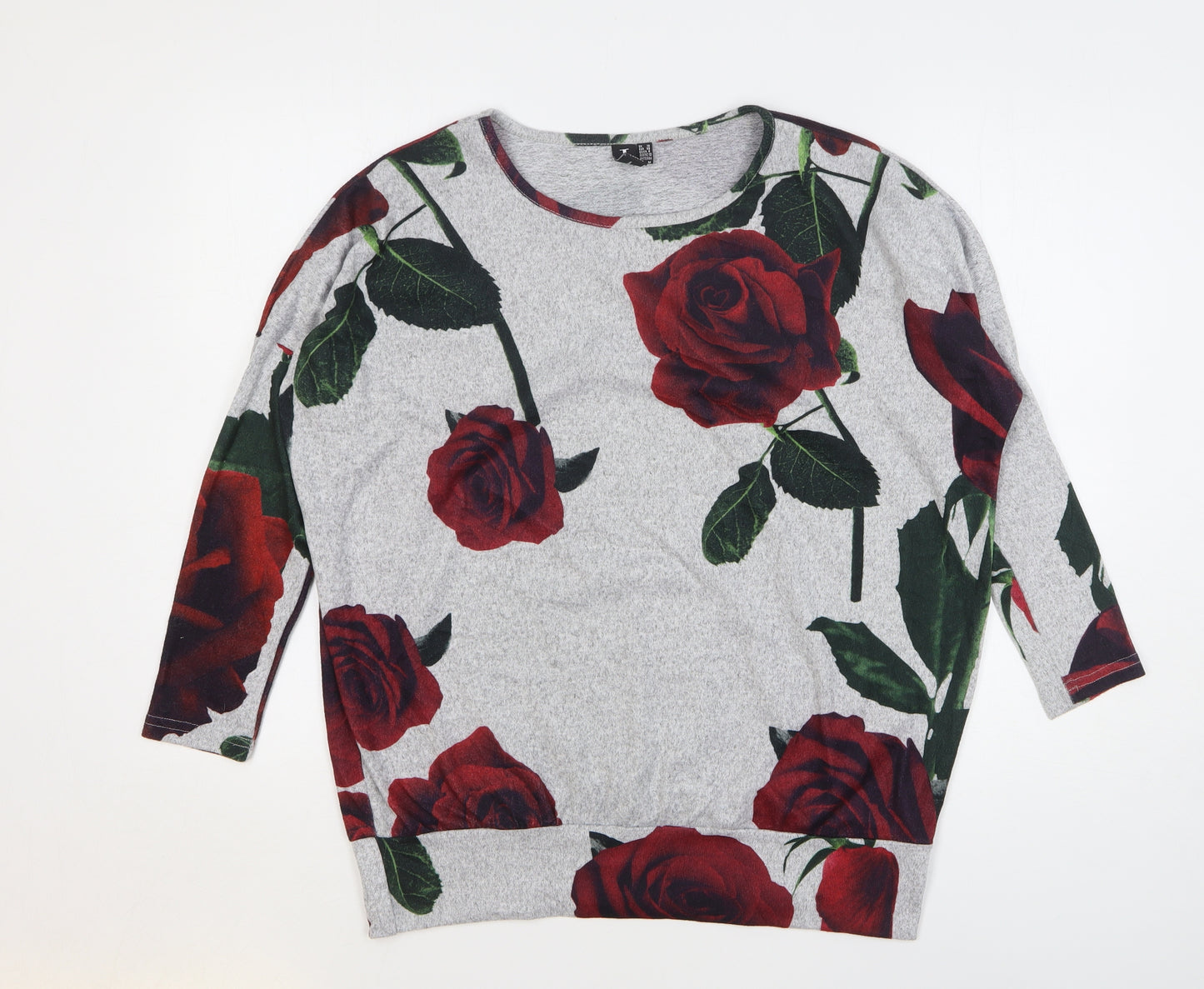 Izabel Womens Grey Round Neck Floral Polyester Pullover Jumper Size 10