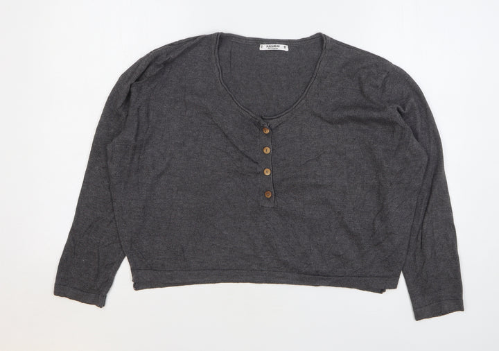 Pull&Bear Womens Grey Acrylic Cropped T-Shirt Size S Round Neck
