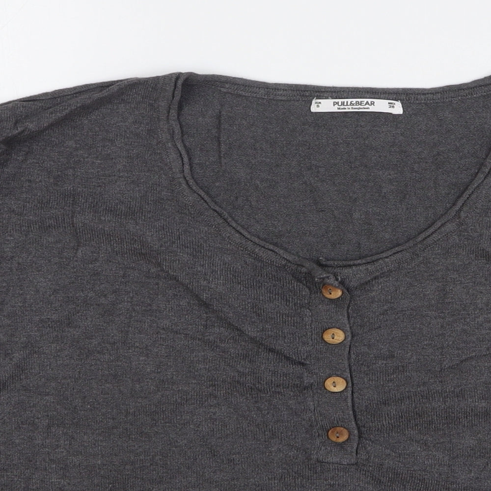 Pull&Bear Womens Grey Acrylic Cropped T-Shirt Size S Round Neck